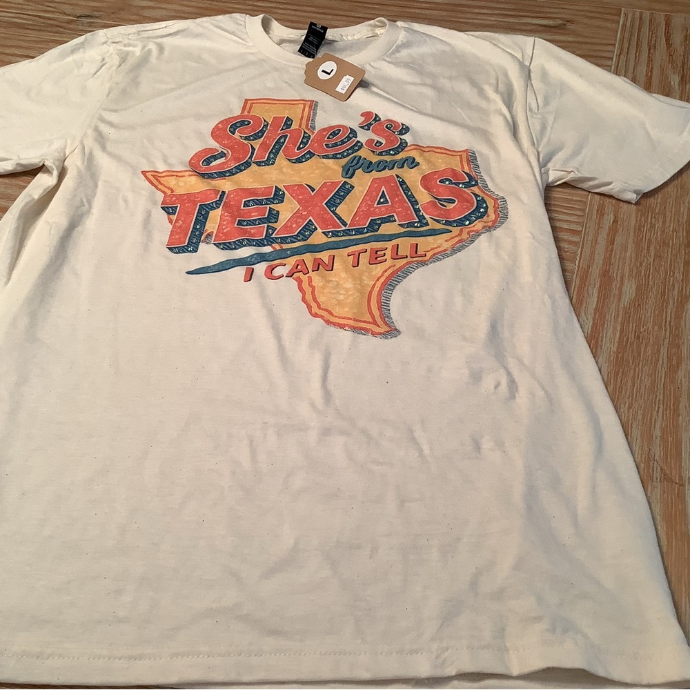 Gildan Cream Short Sleeve Tee with Retro 'She's From Texas' Graphic